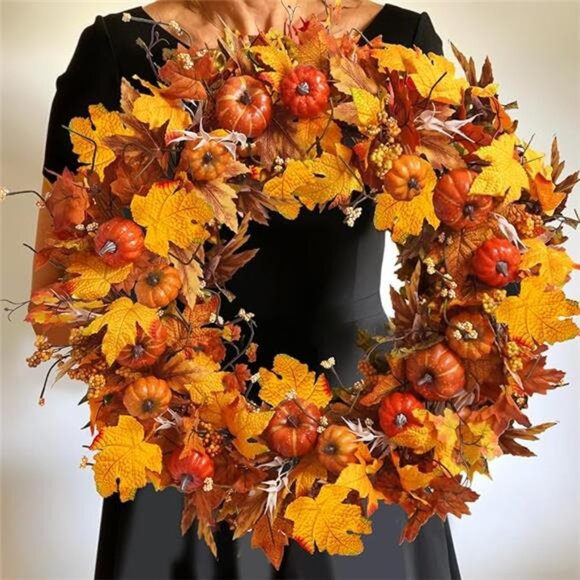 New 28 Inch Fall Wreath for Front Door Outside Large Artificial Autumn Wreath - Picture 7 of 7